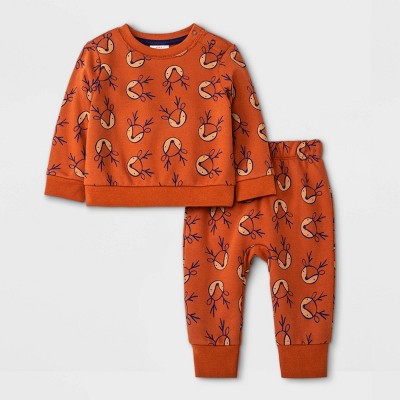 Baby Boys' 2pc Reindeer Fleece Top & Bottom Set - Cat & Jack™ Orange 0-3M