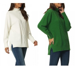 INSPIRE CHIC Women's Solid Fall Winter Turtleneck Long Sleeve Spilt Hem Tunic Pullover Sweater 2 Packs - 1 of 4