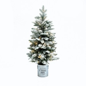 LuxenHome 4Ft Artificial Flocked Fir Christmas Tree Potted with Battery-Operated Lights Green - 1 of 4