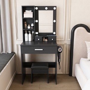 YONWAY Makeup Vanity Table Compact Dressing Desk with Mirror, Power Outlet, Hairdryer Holder and Stool for Small Bedrooms - 1 of 4