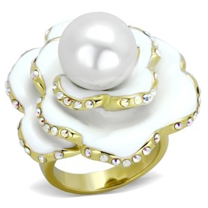Slickblue Women’s Gold Ring with Rose Petal Design – White Synthetic Pearl Center, Sparkling Detail, Sizes 5–10 - 1 of 4