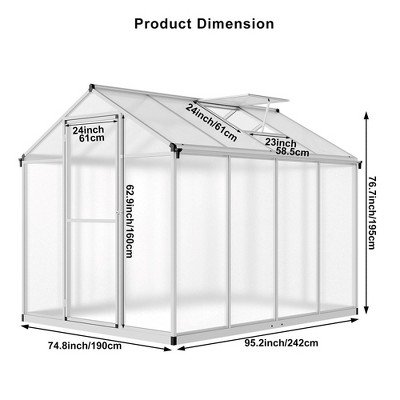 6x8 FT Polycarbonate Greenhouse with Roof Vent and Aluminum Frame
