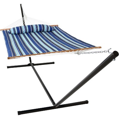 Sunnydaze 2-Person Quilted Fabric Spreader Bar Hammock with Detachable Pillow and Stand - 400 lb Weight Capacity/15' Stand - Catalina Beach