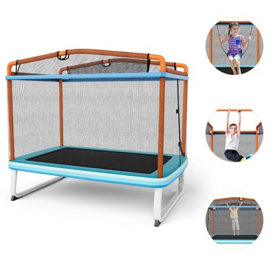 Infans 6FT Rectangle Trampoline with Swing, Mini Kids Trampoline with Net, Horizontal Bar, 2 Way Zippers, Recreational Trampoline for 3+, Blue/Orange