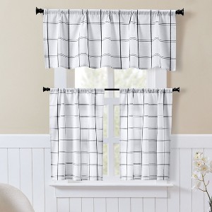 Kate Aurora 3 Piece Rod Pocket Country Farmhouse Cafe Off White/Cream & Black Colored Plaid Woven Kitchen Curtain Tier & Valance Set - 1 of 3