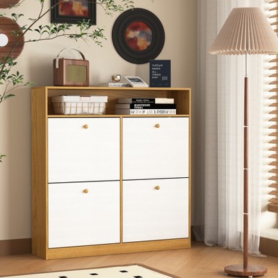 ZHUTA Shoe Storage Cabinet with 4 Flip Drawers, Shoe Rack Organizer Cabinet with wooden handle Freestanding Shoe Cabinet Storage