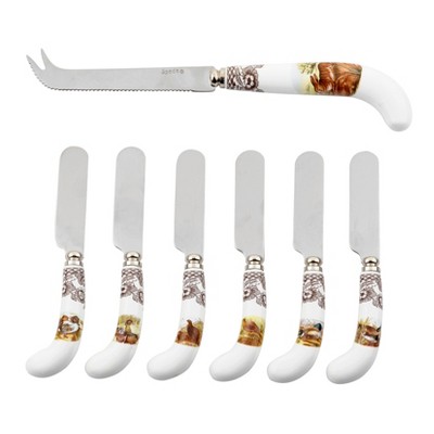 Spode Woodland Cheese Knife & Spreader Set - Porcelain Handles with Rabbit & Animal Motifs, Steel Blades, 8" Knife & 4.75" Spreaders