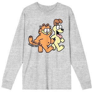 Garfield Odie & Garfield Leisurely Walk Crew Neck Long Sleeve Athletic Heather Adult Tee - 1 of 2