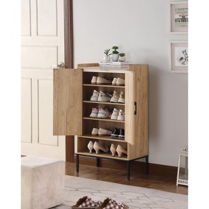 MOEPISY Shoe Cabinet with Rattan Doors, 5-Tier Shoe Storage Cabinet with Open Shelves,Wooden Shoes Rack Organizer, Natural - 1 of 4