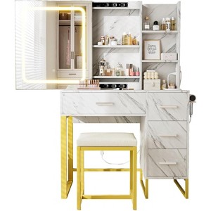 Bedroom Makeup Vanity Desk Set: Sliding LED Lighted Mirror, USB Charging Station, 4 Drawers, 5 Shelves + Cushioned Stool - 1 of 4