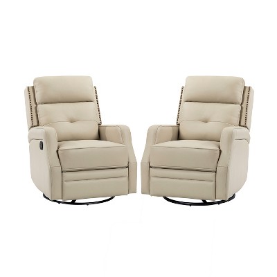 Set of 2 Basilio 28.74" Wide Tufted Wooden Upholstery Genuine Leather Swivel Rocker Recliner with Nailhead Trims | ARTFUL LIVING DESIGN
