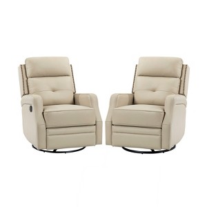 Set of 2 Basilio 28.74" Wide Tufted Wooden Upholstery Genuine Leather Swivel Rocker Recliner with Nailhead Trims | ARTFUL LIVING DESIGN - 1 of 4