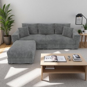 82.7" Plush Corduroy L-Shaped Sectional Sofa, 1 Ottoman, Deep Seat - 1 of 4