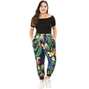 Agnes Orinda Women's Plus Size Adjustable Elastic Waist Tropical Pockets Harem Jogger Pants - 1 of 4