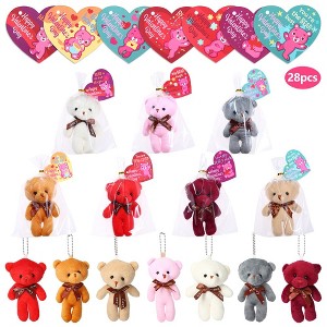 WhizMax 28PCS Valentines Day Gift Cards for Kids with Bear Plush Toys,Mini Stuffed Animal Plush Toys Keychains for Valentines Party Favor Supplies - 1 of 4
