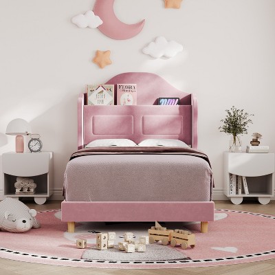 Twin Bed Frame with Headboard, Built-in LED Lights, Velvet Upholstered Platform Bed with Wing Back
