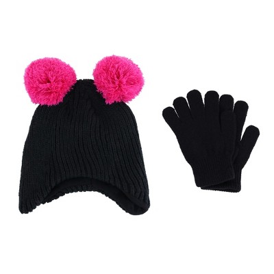 CTM Girl's 3-6 Winter Ribbed Knit Aviator Hat and Glove 2-Piece Set