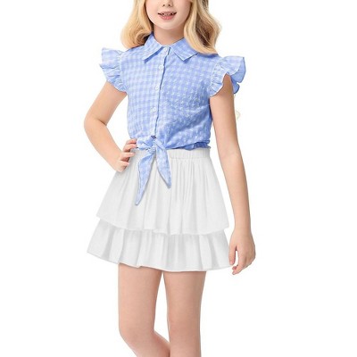 Girls Tops and Skirts Set Tie Front Knot Plaid Tops with Ruffle Skirts Short Sleeve Button Down Shirts Co-ords for Gilr,Toddler