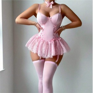 Clotth Women's Lace Up Corset Bodysuit - Underwire Lingerie Set, Cute Babydoll Lingerie with Garter Belt, Thong & Bow Tie - 1 of 4