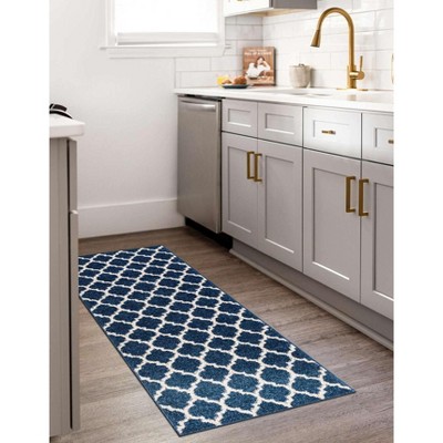 Dark Blue Synthetic Trellis Reversible Runner Rug