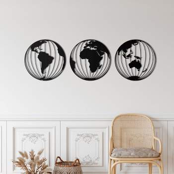 Sussexhome World Map 3 Globes Metal Wall Decor for Home and Outside - Wall-Mounted Geometric Wall Art Decor - Wall Decoration [15 x 15 inches]