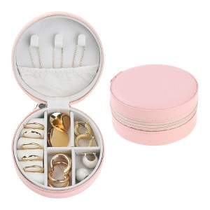 Unique Bargains Round Portable PU Leather Travel Jewelry Box for Girls' Birthday Gifts for Earring Necklace - 1 of 4