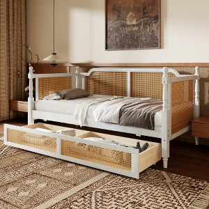 Whisen Traditional Style Twin Rattan Daybed & Bed Frame with 2 Drawers - 1 of 4