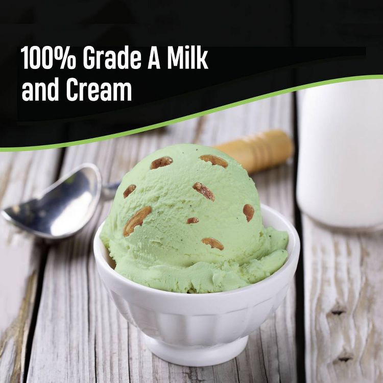 "A nutty delight in every scoop" above a vibrant image of pistachio ice cream with almond pieces, served with a neon green scoop against a dark background. The scoop carves a perfect sphere, highlighting the creaminess and the indulgent mix of nuts.
