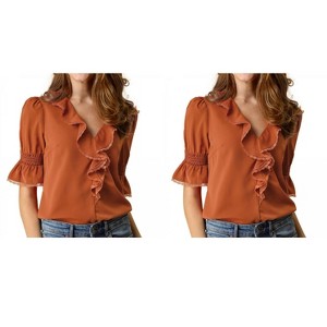 Allegra K Women's Ruffle V Neck Puff Sleeve Summer Casual Chiffon Peasant Top 2 Packs - 1 of 4