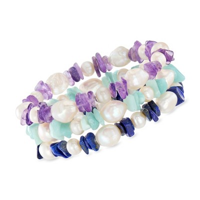 Ross-Simons Multi-Gemstone and 6-10mm Cultured Pearl Jewelry Set: 3 Stretch Bracelets Size 7
