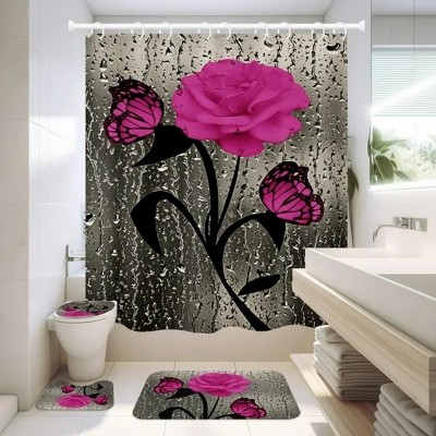 LunaLulinlk 4 Pcs Bathroom Shower Curtain Set Pink Rose Shower Curtain