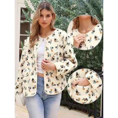 INSPIRE CHIC Women's Vintage Floral Print Winter Warm Long Sleeve Faux Shearling Collarless Button Down Fleece Jacket Large Beige — фото 2