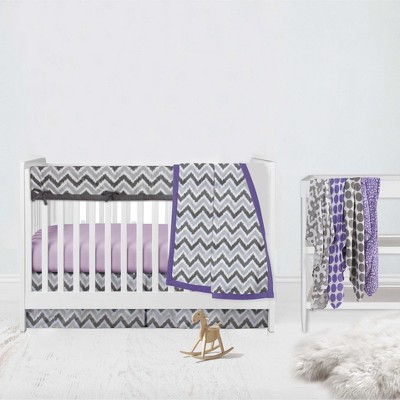 Bacati - Ikat Dots Leopard  Purple Grey Muslin Girls 8 pc Crib Set with Crib Rail Guard