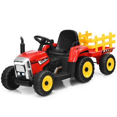 Infans 12V Kids Ride On Tractor w/ Trailer, Battery Powered Electric Toy Car, 3-Gear-Shift Ground Loader Ride On w/ 2.4G Remote Control, LED Lights