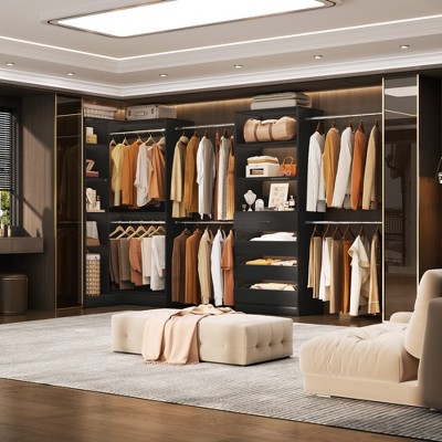 Aheaplus Closet Organizer System with 6 Hanging Rods and Drawers, Freestanding Closet System with Shelves