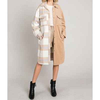 Women's Mixed Corduroy Plaid Long Shacket - ALLIE ROSE