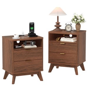 Fluted Nightstand with Charging Station, 15" Mid Century Modern Bedside Table with 2 Drawer & Open Shelf - 1 of 4