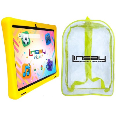LINSAY 10.1"Octa Core  256GB Storage Android 15 Tablet with Yellow Kids Defender Case and Back Pack