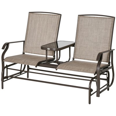 Brown Steel 2-Person Outdoor Glider Bench with Center Table