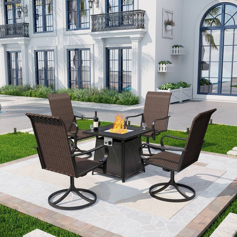 5pc Patio Dining Set with Square Steel Fire Pit with Faux Wood Tabletop &#38; Rattan 360 Swivel Chairs - Captiva Designs, 1 of 17