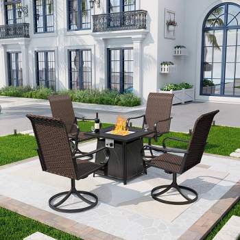 5pc Patio Dining Set with Square Steel Fire Pit with Faux Wood Tabletop & Rattan 360 Swivel Chairs - Captiva Designs