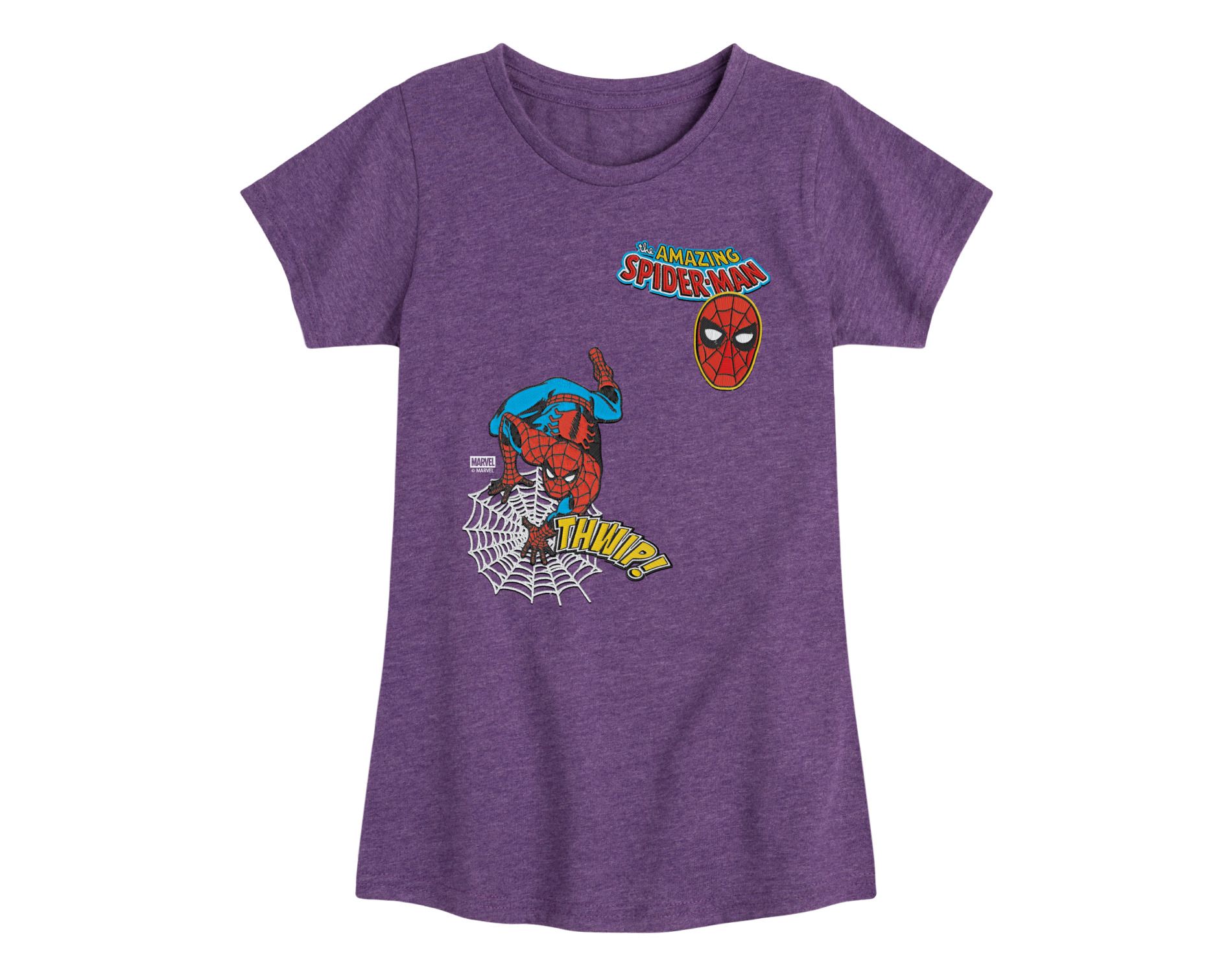 Girls' Spider-Man Spidey Thwip Faux Patch Fitted Short Sleeve Graphic T-Shirt - Heather Purple - Small