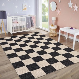 8x10 Washable Checkered Area Rug for Living Room Bedroom – Low Pile Soft Non-Slip Modern Black & Camel Rug - 1 of 4