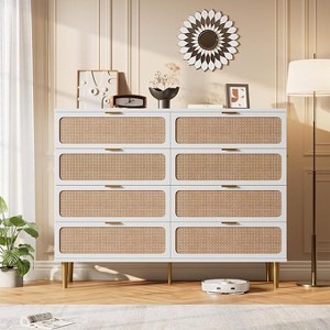 Rattan Dresser with 8 Drawers, Tall Modern Closet with Deep Storage, Large Chest of Drawers with Wide Top, Long Wooden Dresser for Living Room - 1 of 4