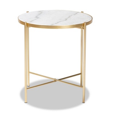 Maddock 19.3" Round White Marble and Gold Metal End Table