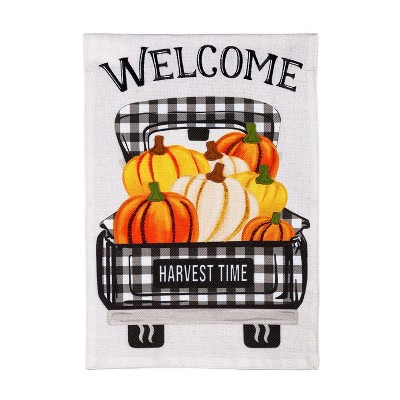 Pumpkin Plaid Truck Garden Burlap Flag