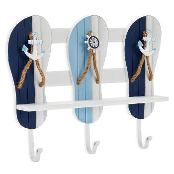 Okuna Outpost Nautical Hooks with Shelf, Decorative Beach Slippers, Wall Hanging Decor with 3 Hooks (13 x 3 x 11 Inches)