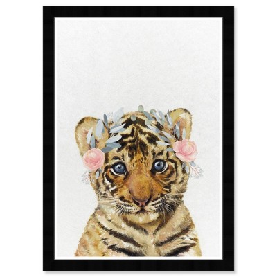 15" x 21" Floral Tiger Cub Animals Framed Art Print - Wynwood Studio: Modern Decor, Digital Artwork, Black Plastic Frame