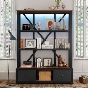 HDZNVF 3 Shelf Metal Bookcase with Drawers for Home Office, Walnut - 1 of 4