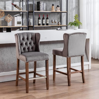 Wooden Legs Nailhead-Trim Tufted Armless High Back Dining Chairs Velvet Upholstered Bar Stools for Restaurants Living Rooms Set of 2 Piece Gray